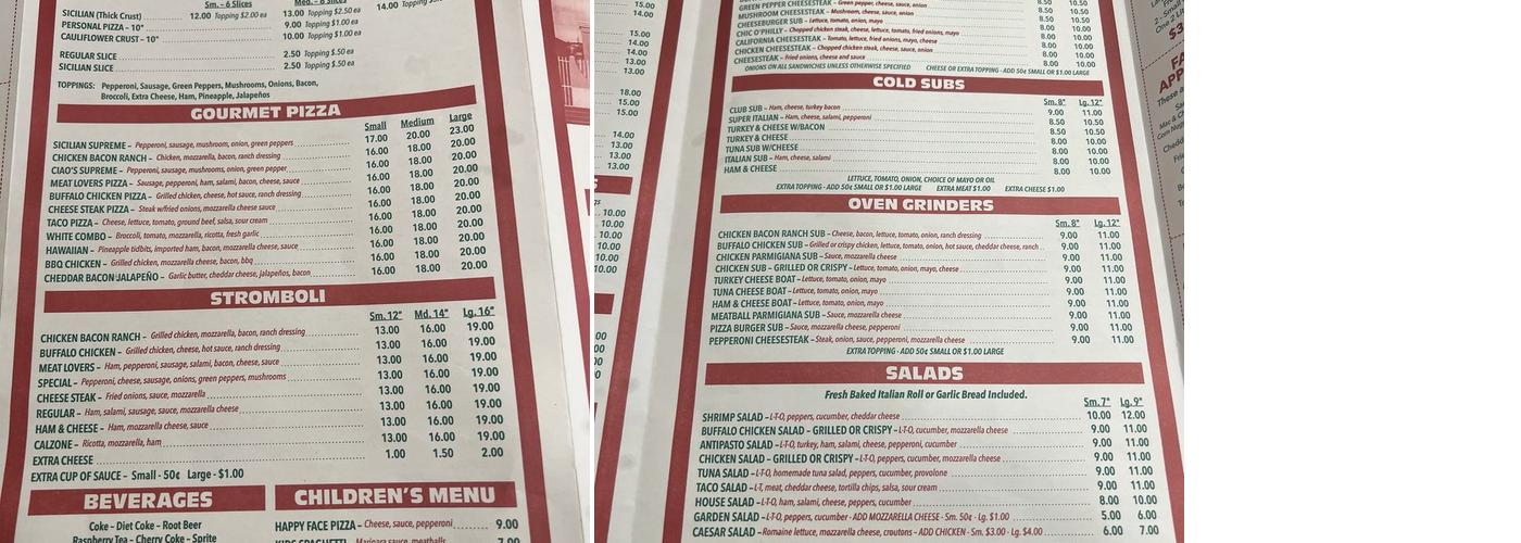 Ciao's Pizza Menu