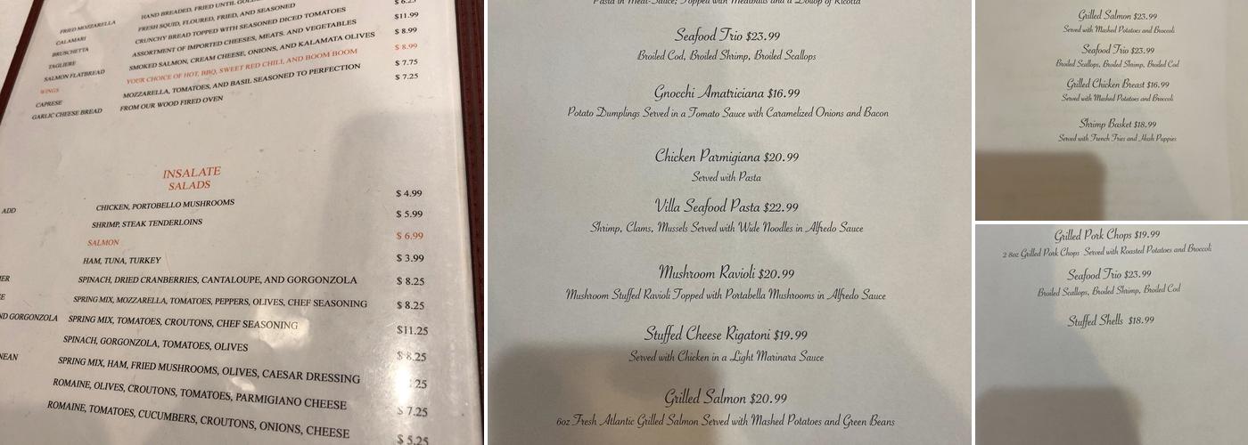 Villa Schiano Menu