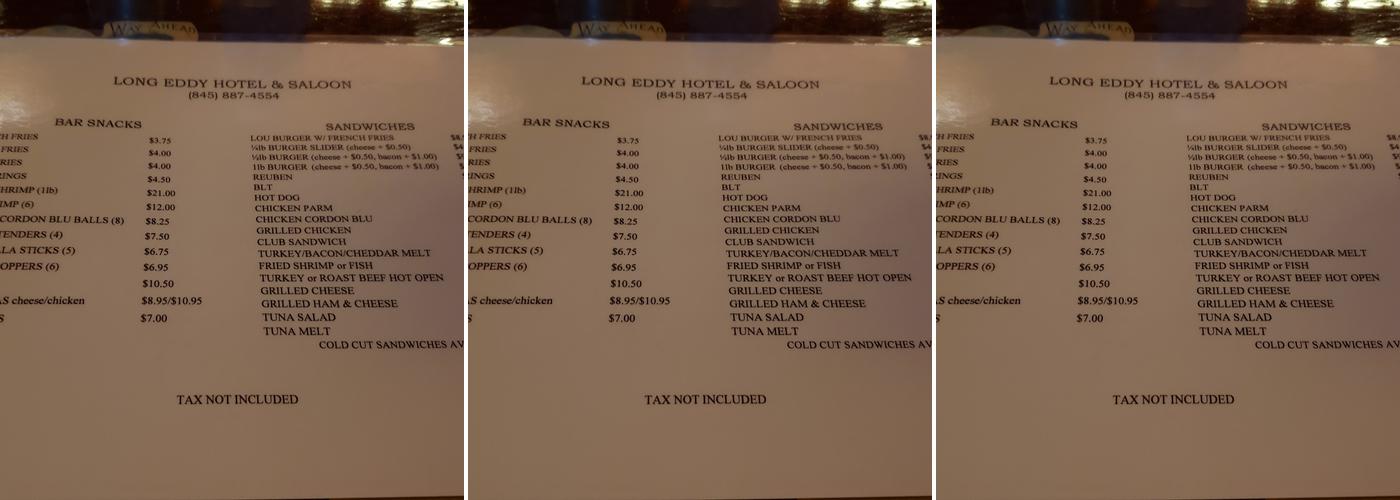 Long Eddy Hotel and Saloon Menu