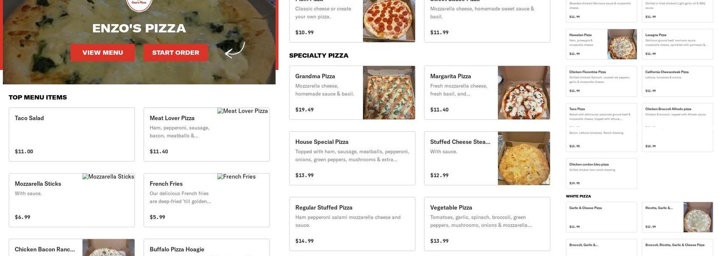 Enzo's Pizza Menu