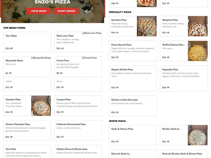 Enzo's Pizza Menu
