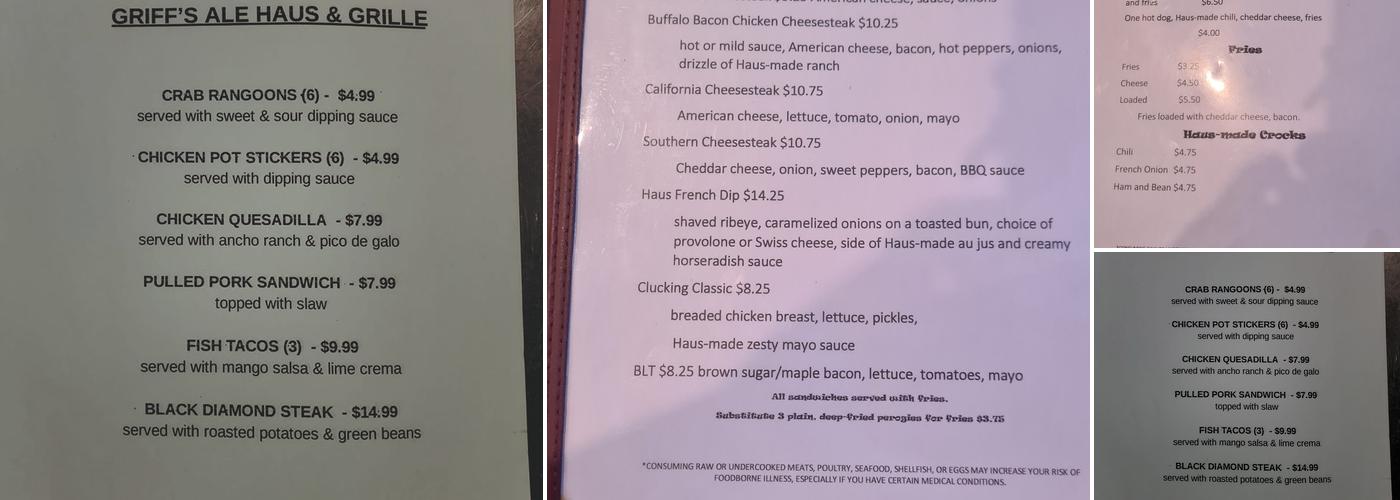 Griff's Ale Haus & Grille Menu