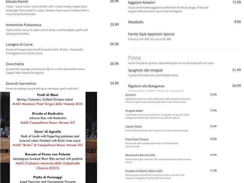 Da Vinci Bistro Menu