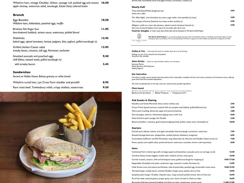 The Rising Sun, Backwell Menu