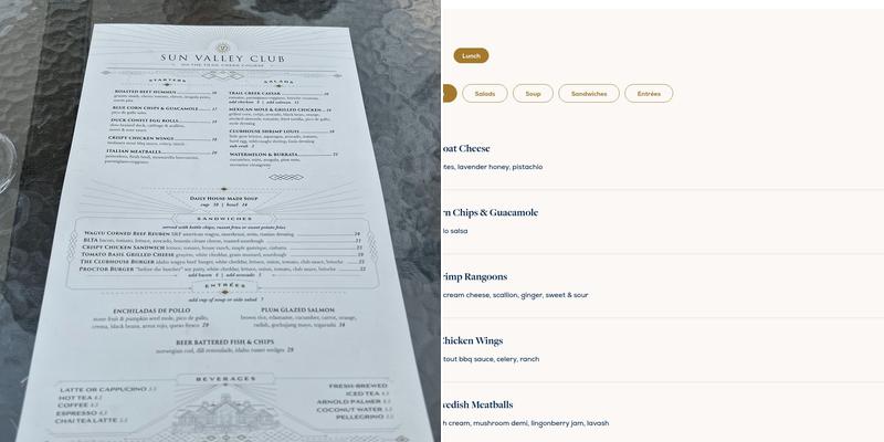Sun Valley Club Menu