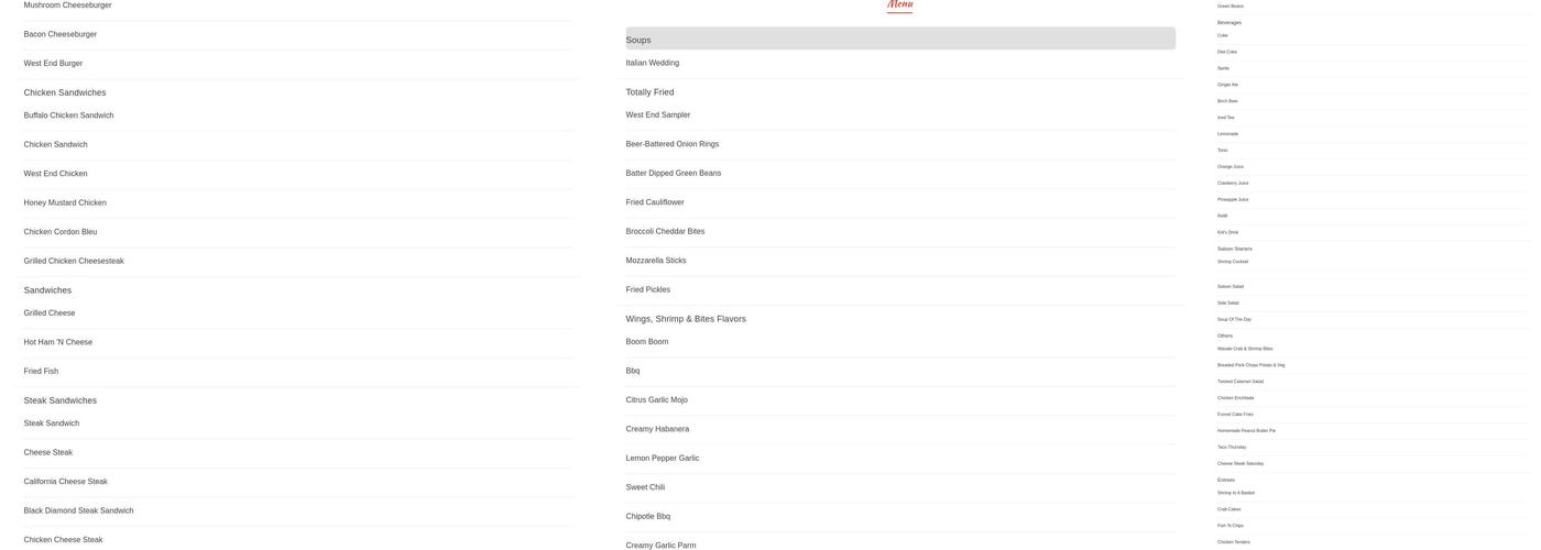 West End Saloon Menu