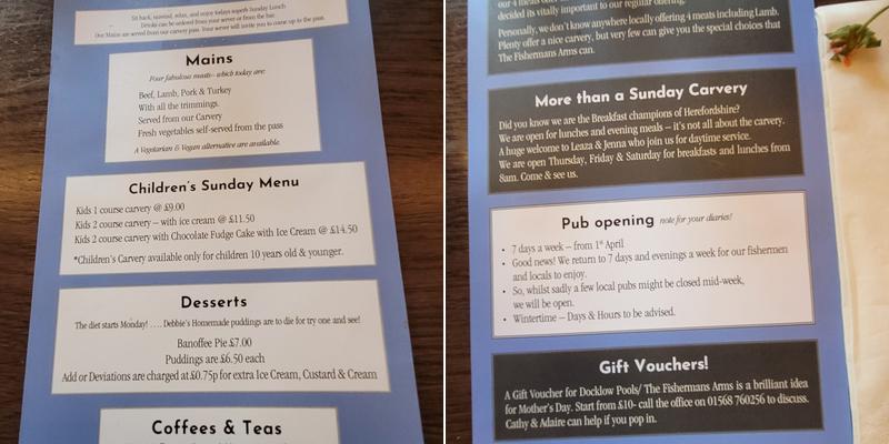 The Fisherman Arms at Docklow Pools Menu