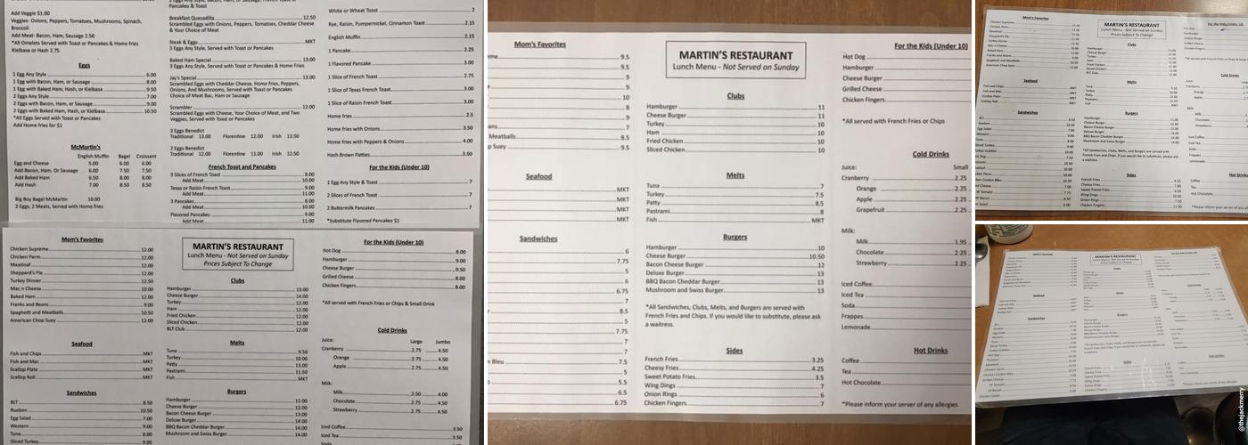 Martin's Restaurant Menu