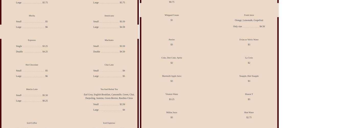 Bel Ami Cafe Menu