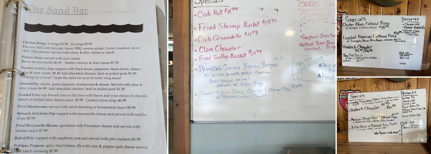 The Sand Bar Menu