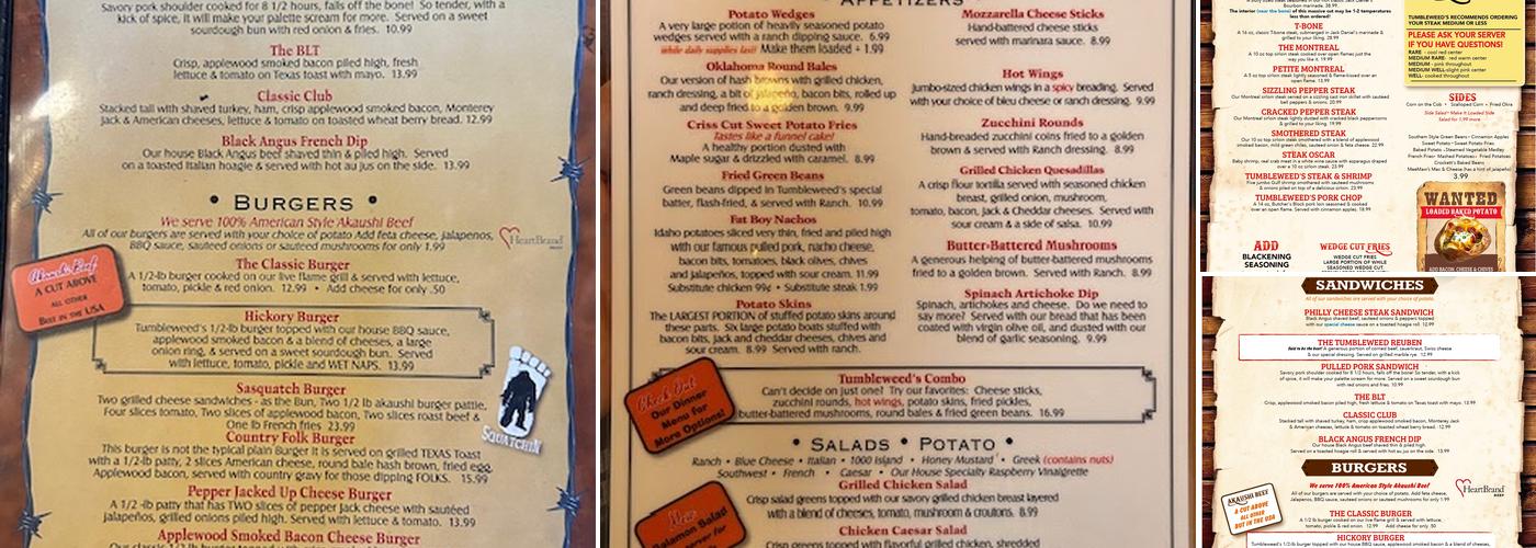 Tumble Weeds Steak House Menu
