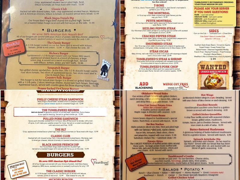 Tumble Weeds Steak House Menu