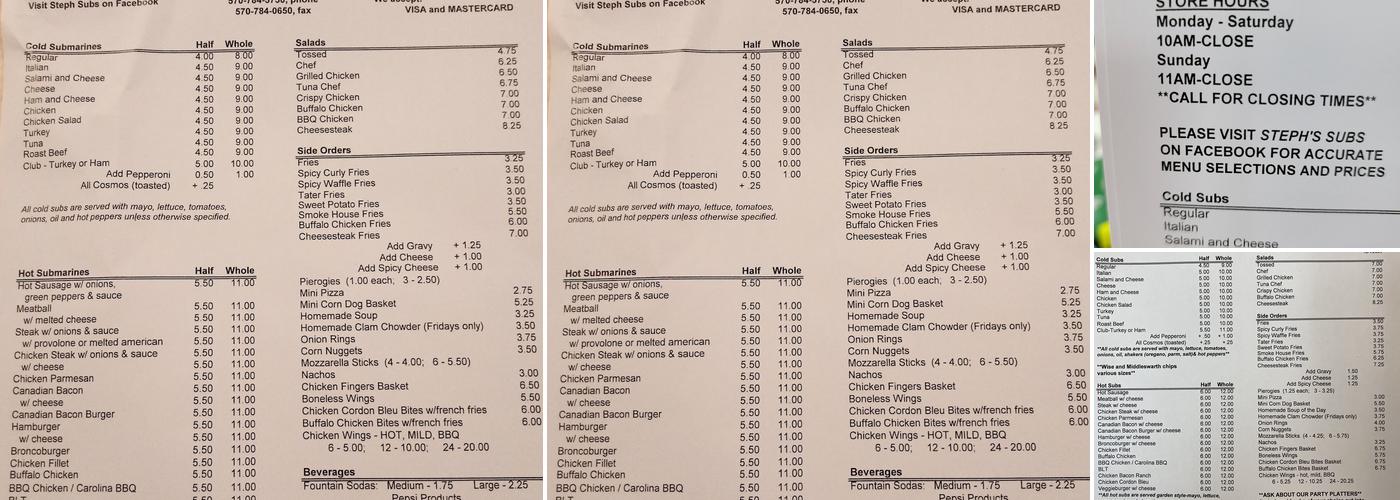 Steph's Subs Menu