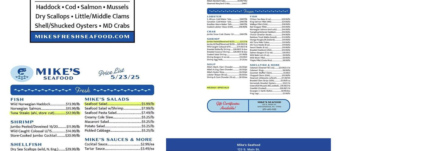 Mike's Seafood Menu