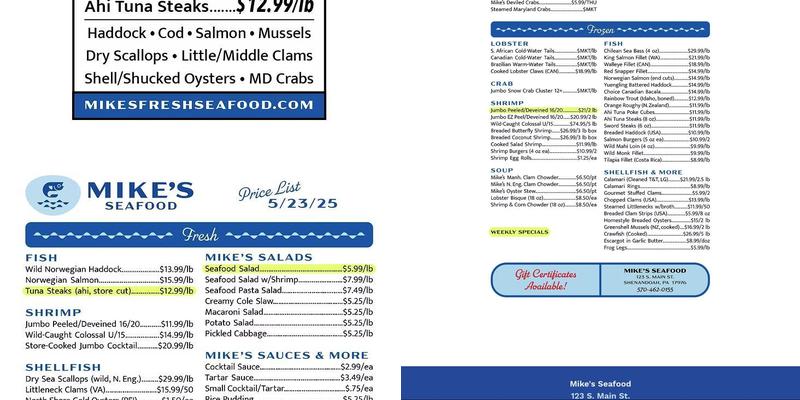 Mike's Seafood Menu