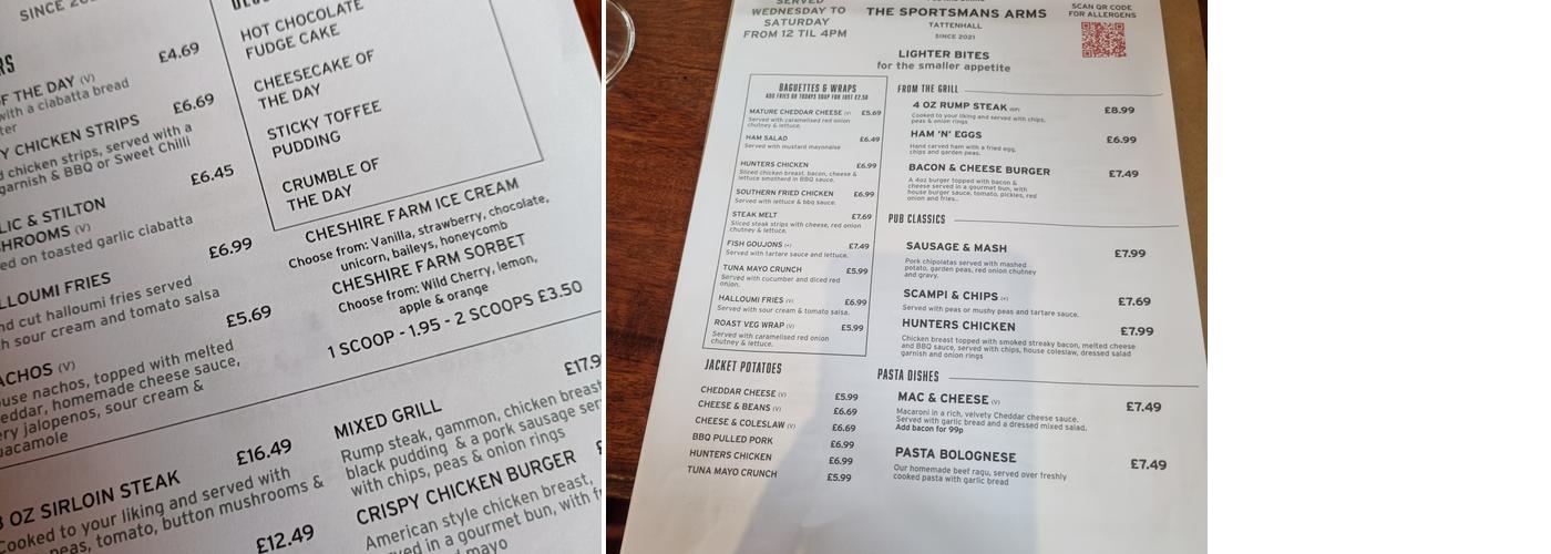 The Sportsmans Arms Menu