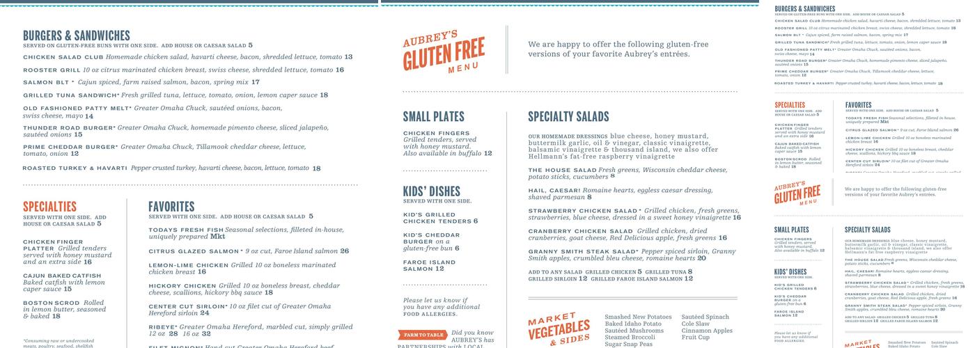 Aubrey's Cedar Bluff Menu