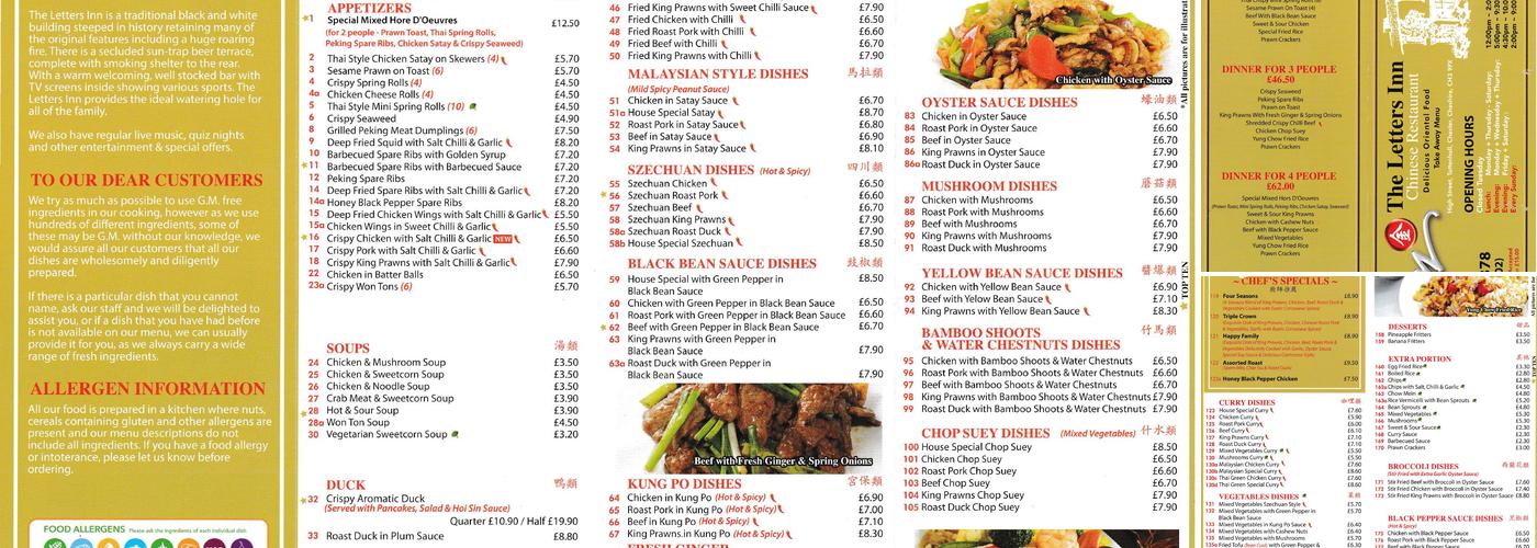 The Letters Inn Menu