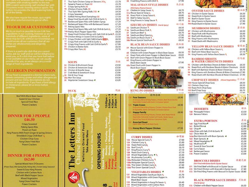 The Letters Inn Menu