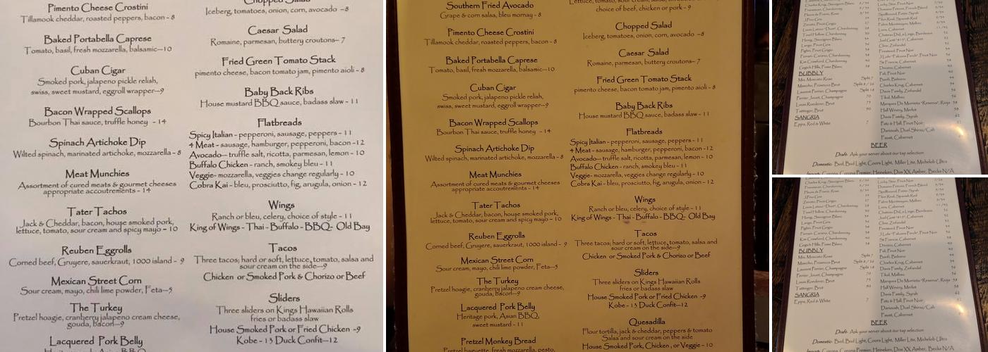 The Cork and Barrel Lounge Menu