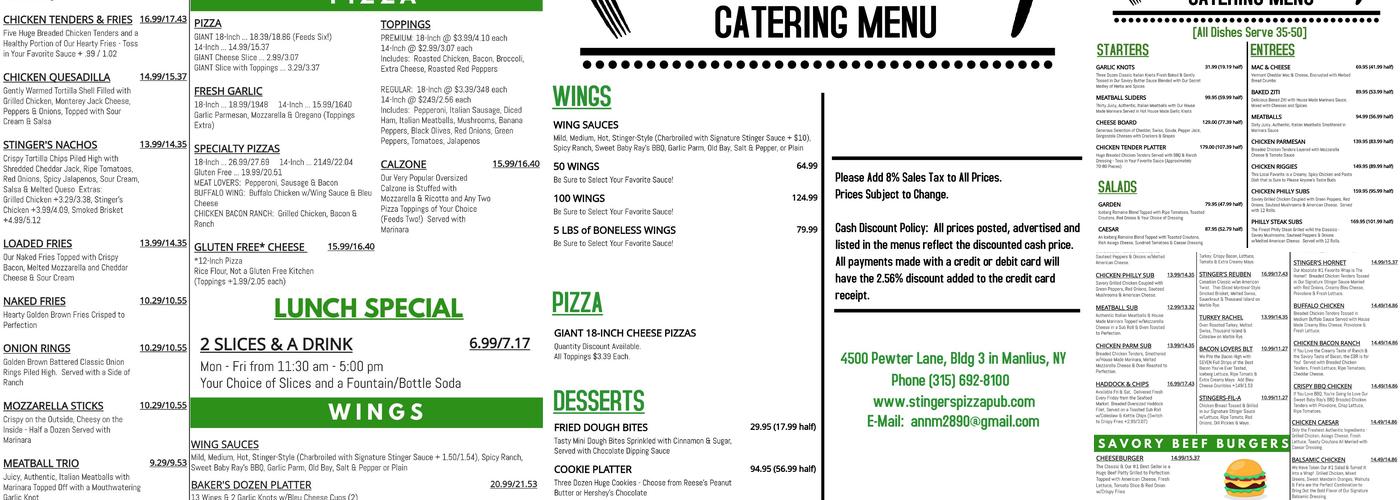Stingers Pizza Pub Menu
