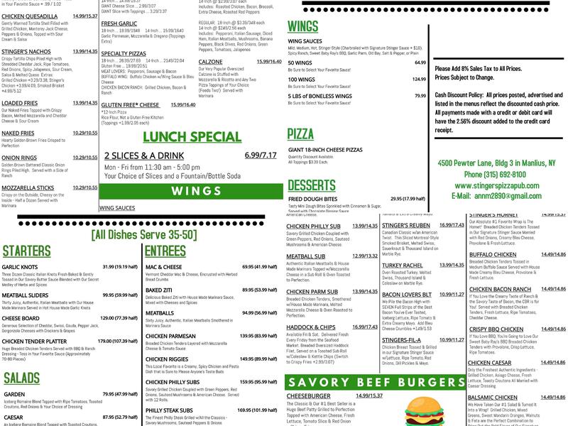 Stingers Pizza Pub Menu