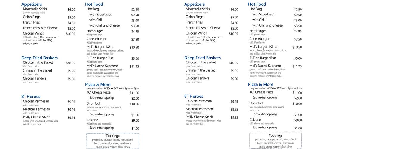 Mel's Place Menu