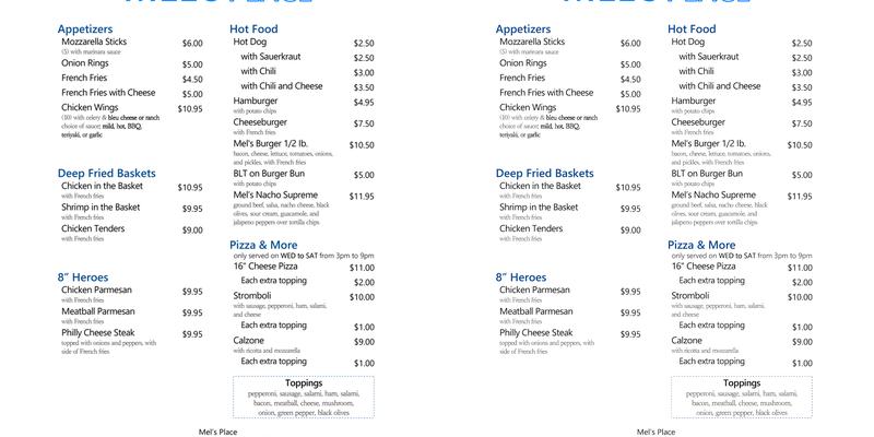Mel's Place Menu