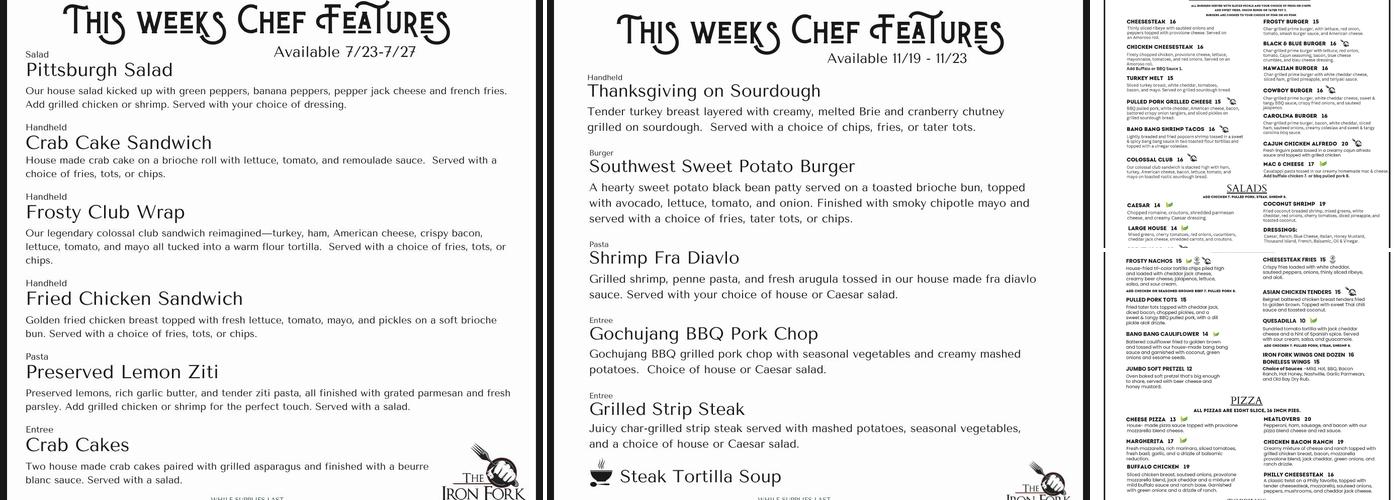 The Iron Fork at Frosty Valley Menu