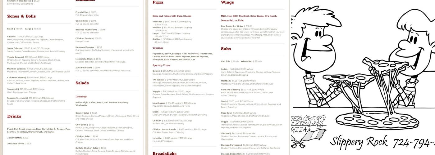 Coffaros' Pizza Menu