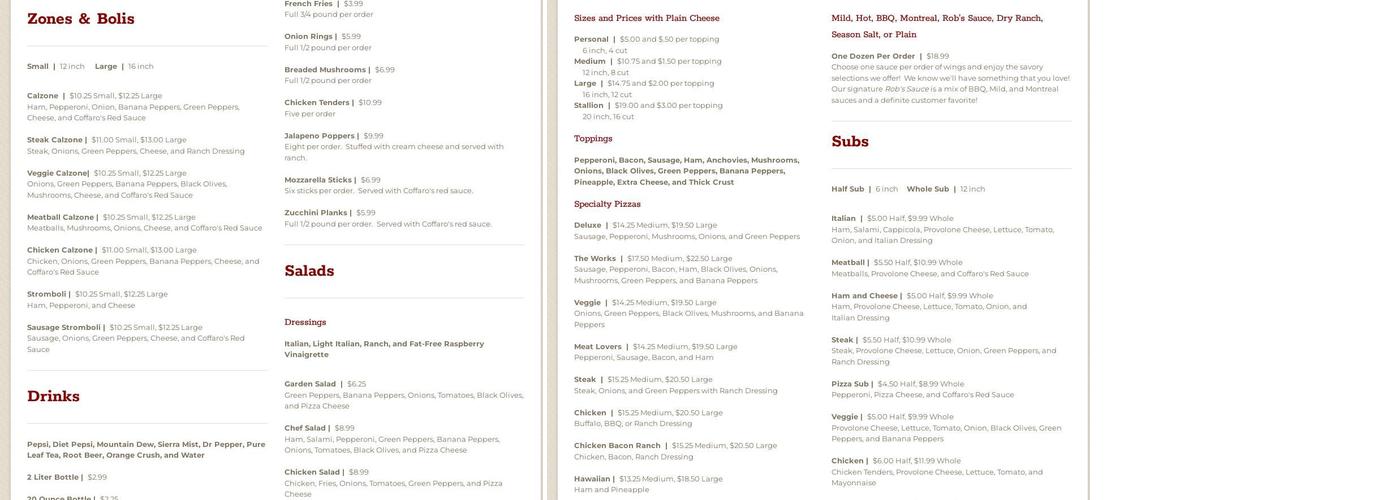 Coffaros' Pizza Menu