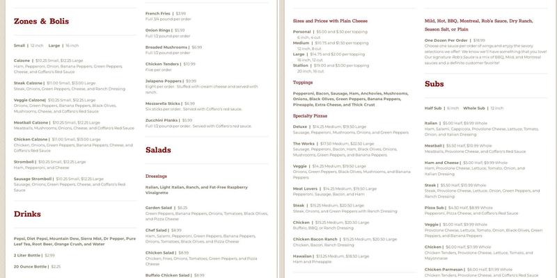 Coffaros' Pizza Menu