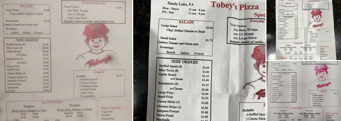 Tobey's Pizza Menu