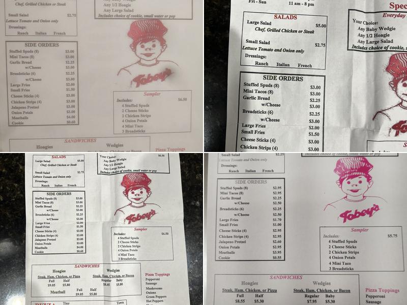 Tobey's Pizza Menu