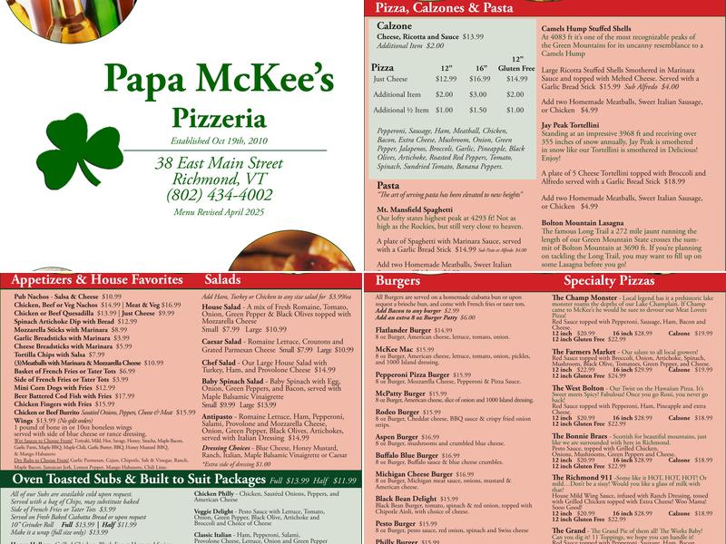 Papa McKee's Pizzeria Menu
