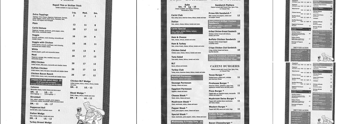 Carini’s Pizza Menu