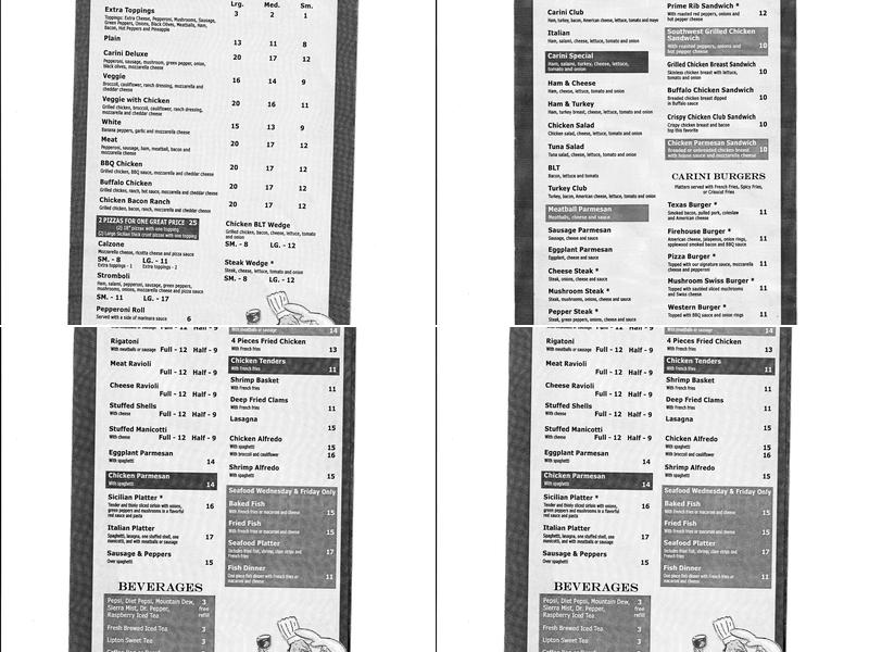Carini’s Pizza Menu