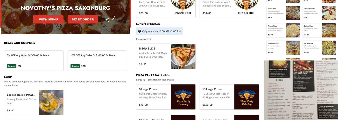 Novotny's Pizza Saxonburg Menu