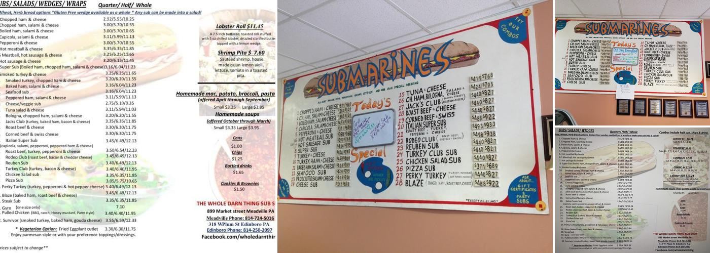 The Whole Darn Thing Sub Shop Menu