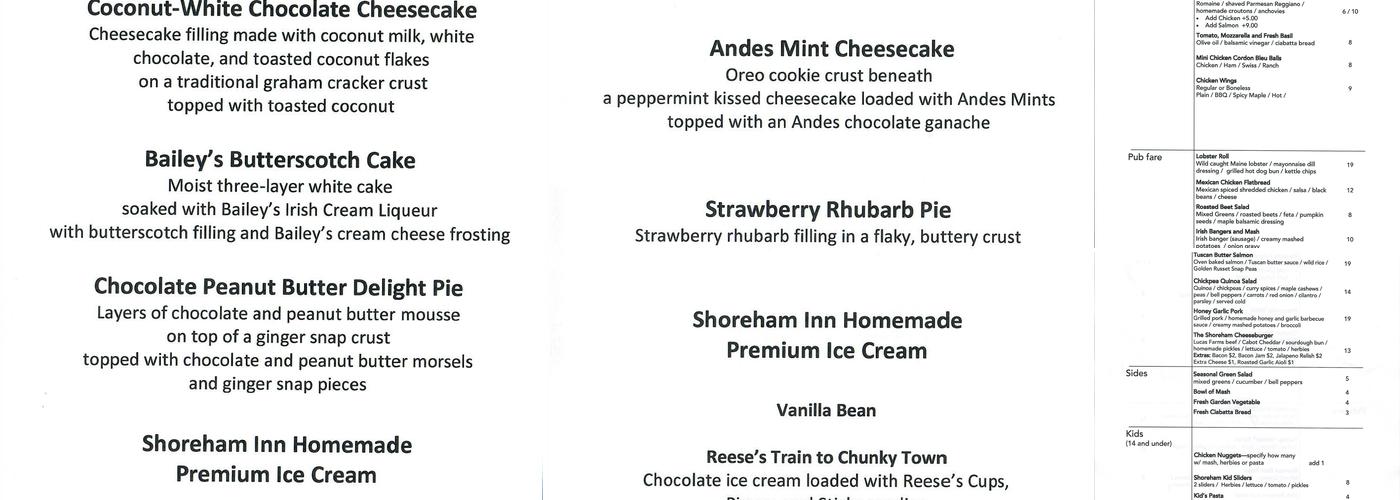 Shoreham Inn Bed and Breakfast Menu