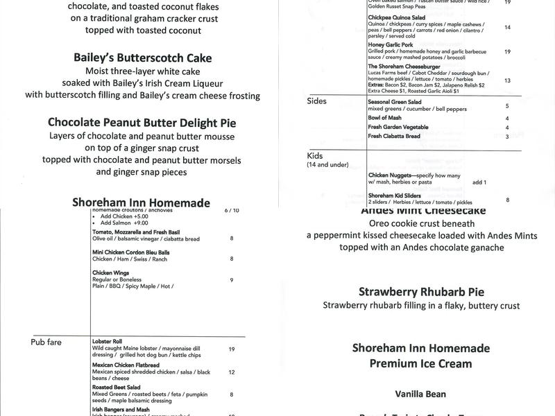 Shoreham Inn Bed and Breakfast Menu