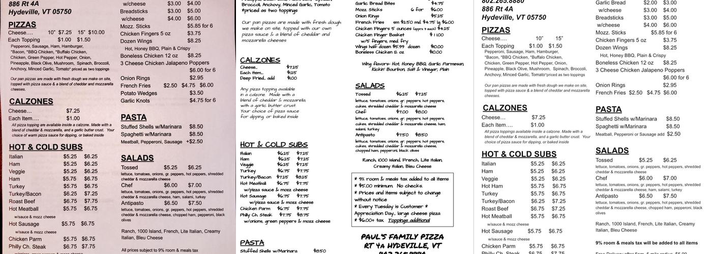 Paul's Pizza Menu