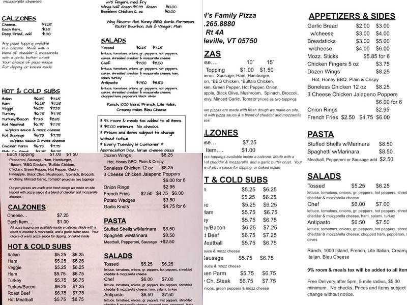 Paul's Pizza Menu