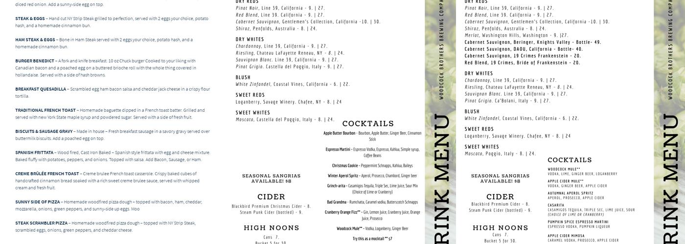 Woodcock Brothers Brewery Menu