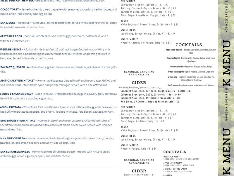Woodcock Brothers Brewery Menu