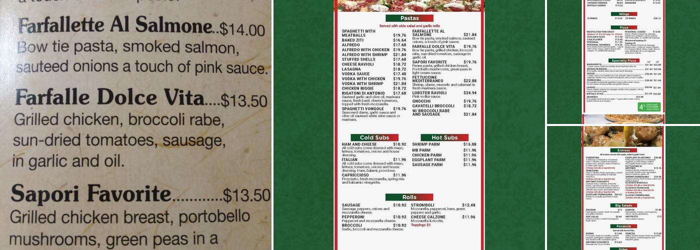 Sapori By Antonio Restaurant & Pizzeria Menu