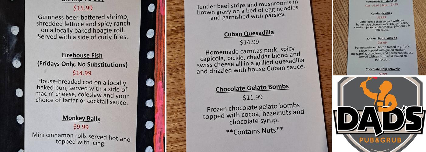 Dad's Pub & Grub Menu