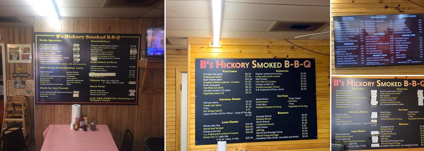 B's Hickory Smoke BBQ Menu