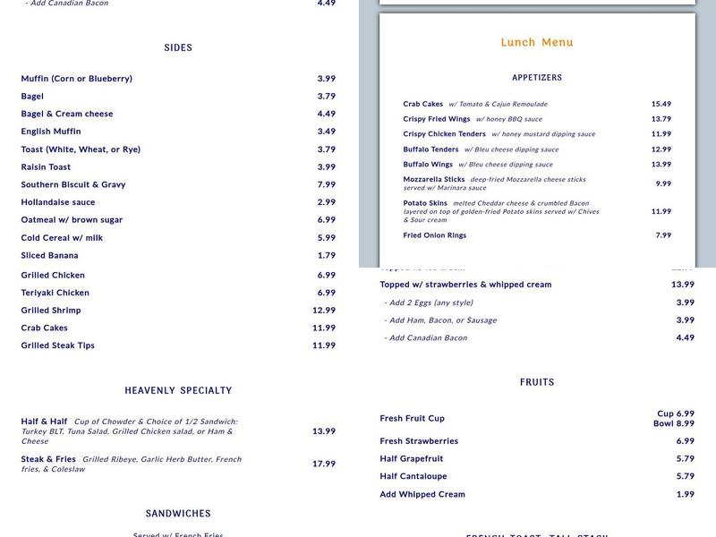 Heavenly Restaurant Menu