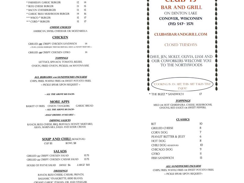 Club 45 Bar & Grill Menu